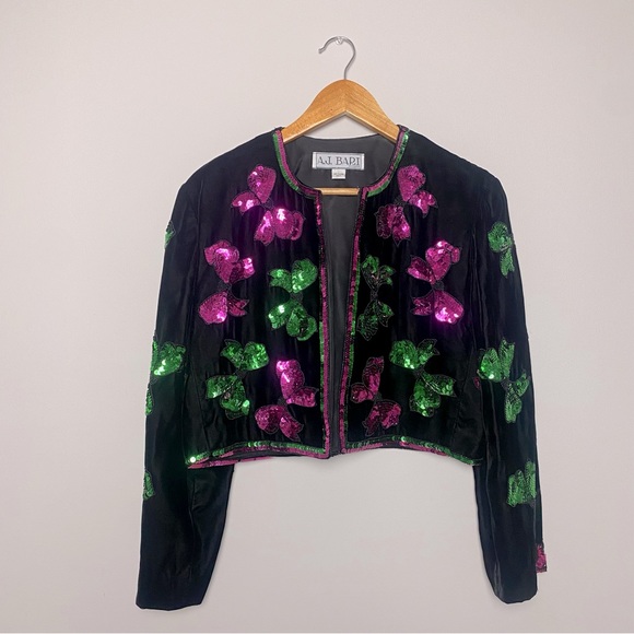 Vintage Black Velvet Sequined Beaded Bows Open Front Cropped Jacket - Picture 1 of 9
